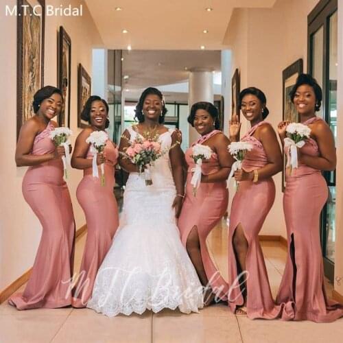 Dusty Rose Mermaid Plus Size Bridesmaid Dresses One Shoulder High Slit Sexy Black Girls Wedding Guest Dress Robe De Soiree Cheap