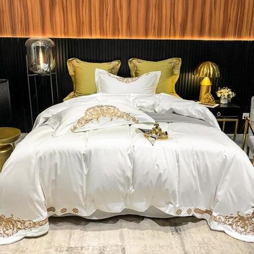 1000TC Solid White Egyptian Cotton Gold Embroidery Duvet Cover Set Queen King 4/6Pcs Bedding set Duvet Cover Sheet Pillowcases
