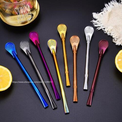 200pcs DHL FEDEX 7 Color Reusable 304 Stainless Steel Drinking Straw Yerba Mates Tea Strainer Filtered Spoon Straws
