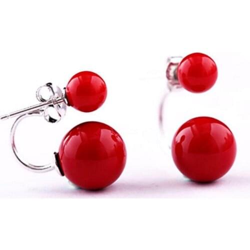 Free shipping New Pair Double Coral Red South Sea Shell Pearl Sterling Silver Earrings