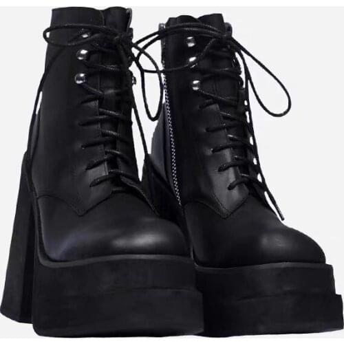 Black Fashion Round Toe Zipper Lacing Ladies Boots Spring Winter Round Toe Shoes Leather Ankle Boots Womens Platform Heel Boots
