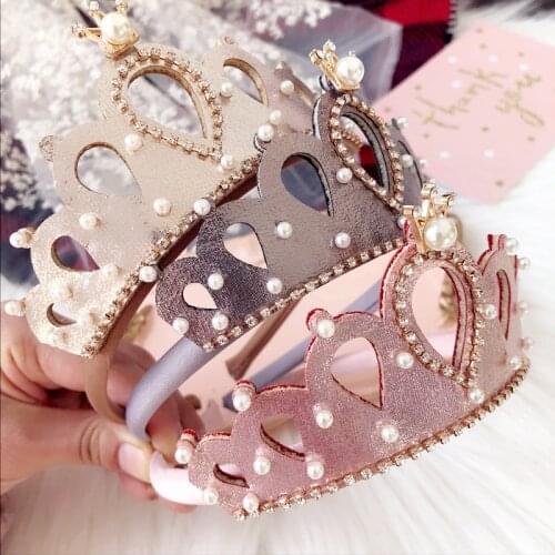 Revenda Glitter Felt Crown Solid Hairband Pearls Royal Style Kids Headbands Shinning Crystal Alloy Crown Baby Girls Headbands