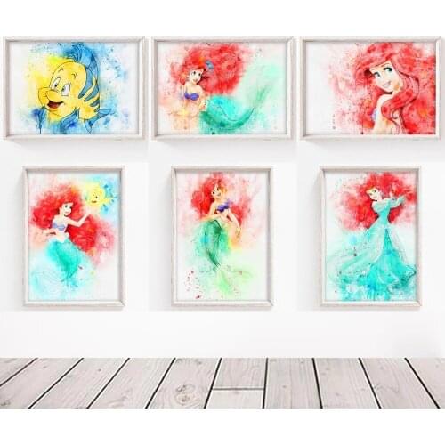 Disney Fantasy Mermaid Watercolor Canvas Painting Print Colorful Mermaid Wall Art Girl Kid Living Room Picture Poster Home Decor