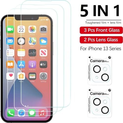 For iPhone 13 Pro Max Mini 5 in 1 3 Pack 9H Hardness Tempered Glass Protector Screen + 2 Pcs Ultra-thin Lens Protective Film