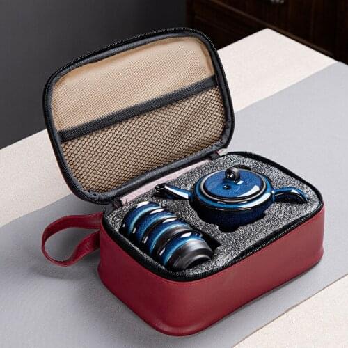 Travel tea set Jingdezhen Tianmu glaze exquisite set Kungfu teacup portable teapot teacup mug potsTeapot for teatea infuser