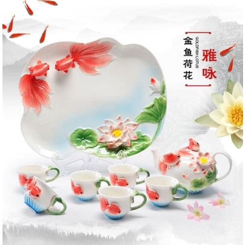 European enamelware goldfish lotus tea set top grade gift home furnishing organizer beauty and the beast tea set