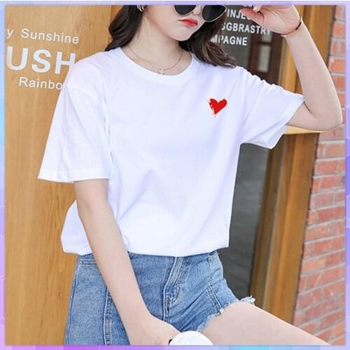 Heart Print Oversized T-Shirt Womens Cotton Tee Shirt Casual White Top Short-Sleeved Student Plus Size Tops Summer 2021 Blusas