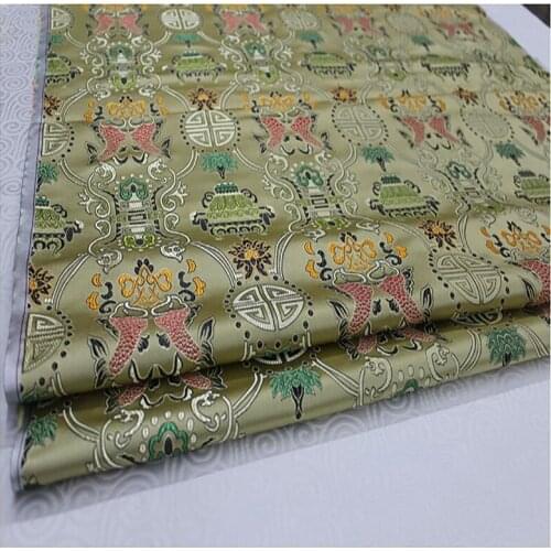 HLQON brocade dual-fish light yellow fabric patchwork felt tissue telas bed sheet cheongsam dress children coat cloth 75cm width