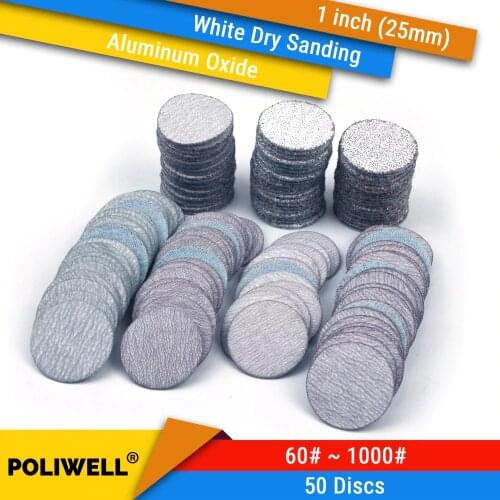 50PCS 1 Inch(25mm) Aluminum Oxide Hook&Loop Round Sandpaper White Dry Sanding Discs for Dremel Tools Polishing Accessories