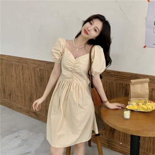 Summer Womens Dress 2021 Sweet Puff Sleeve Folds V-Neck Mini Dress Vintage Solid Elegant Womens Dresses Vestidos De Mujer