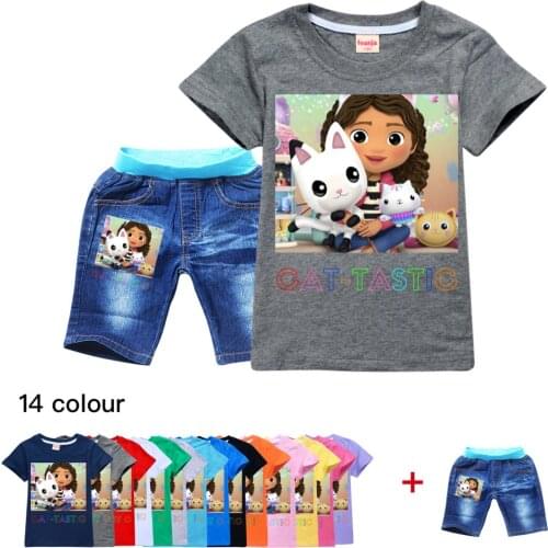 Summer Kids Cat-Tastic T-shirt 3D Cartoon Printed Pullovers Leisure Fashion Children Boy Girl Sports T Shirts + Jeans 2PCS Sets