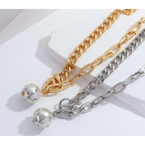 Lifefontier Punk Big Pearl Ball Pendant Necklaces for Women Gold Silver Color Thick Metal Chain Choker Necklace Jewelry Gift