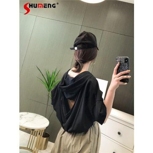 Fashion Sexy Solid Color Backless Short Sleeve T-shirt Womens Summer New Loose Versatile Hooded V-neck Pullover Top Ladies