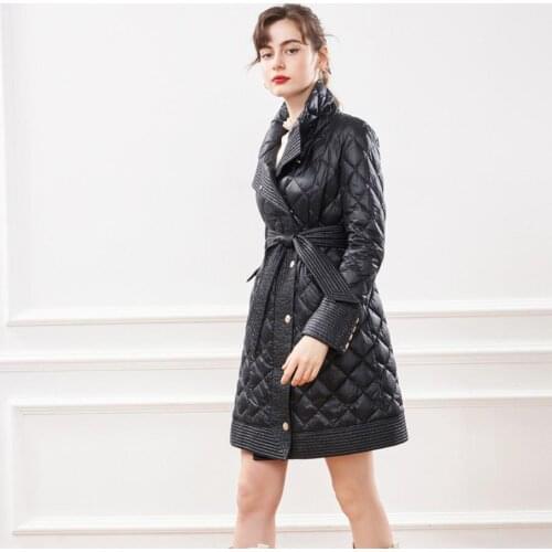 Fashion Womens Jacquard Fabric Fluffy Down Coat Female Winter Shiny Golden Buttons Warm Down Jacket Down Parkas With Belt F2411