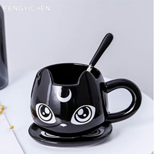 Cartoon Coffee Cups Black Cat Mug with Spoon Dishes Suit Creative Cute Ceramic Mugs Large Capacity Lovers Water Office Drinkware