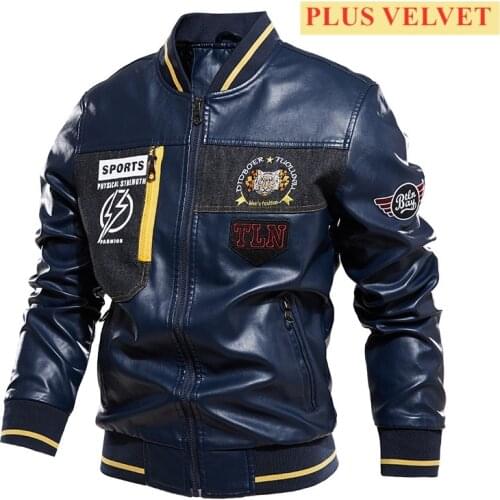 Mens Fashion Casual Baseball Uniform Plus Velvet Ziper Design Bomber Jacket Stand Collar Motorcycle PU Leather Jackets Overcoat