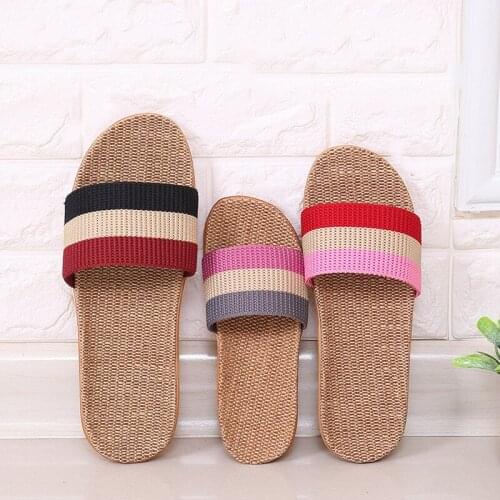 Wholesale Mens Summer Linen Slippers Indoor Bathroom Home Shoes Ladies/Male Couple Flax Slides Female/Man Stripes Flip Flops
