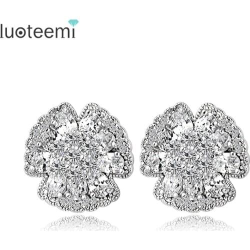 LUOTEEMI Wholesale Wedding Bridal Bridesmaid Evening Party Jewelry Flower Clear Cubic Zircon Big Stud Earrings for Women