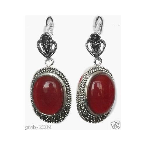 Beautiful 925 11/2" Natural Red Natural Stone Marcasite Earring natural gem/stone/coral/opal Marcasite Earrings