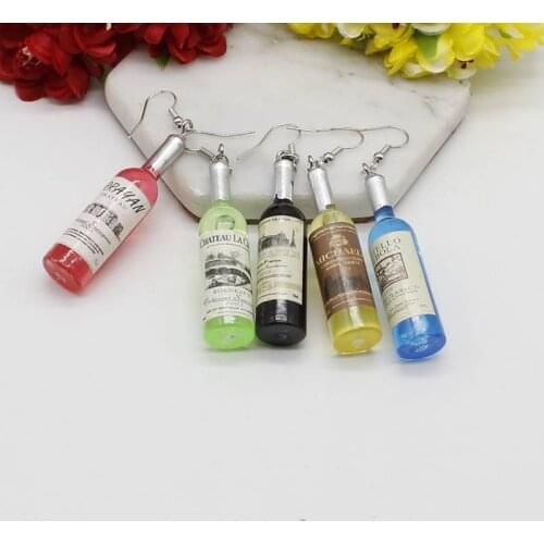 Fashion Charm Simulation Wine Bottle Pendant Earrings Women Black, Red, Yellow, Blue, Green Wine Pendant Earrings Jewelry Wholes
