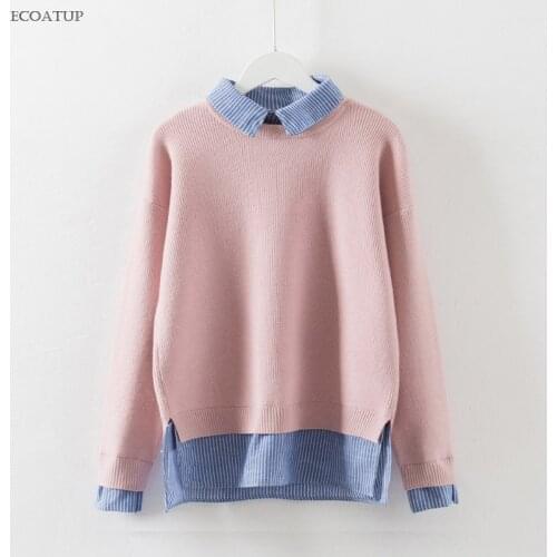 Removable Collar Sweater Women Autumn Winter Fake Two Piece Turn Down Collar Patchwork Pullovers Fashion Knitted Sweaters