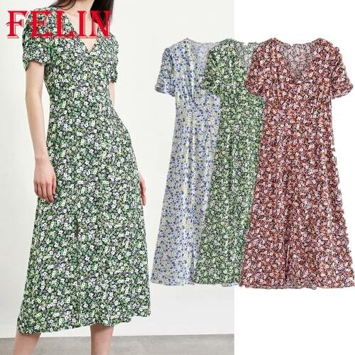 FELIN Za 2021 Vintage Floral V Neck Dress Women Front Split Short Sleeve Chic Midi Dress A-Line Elegant Mujer Vestidos