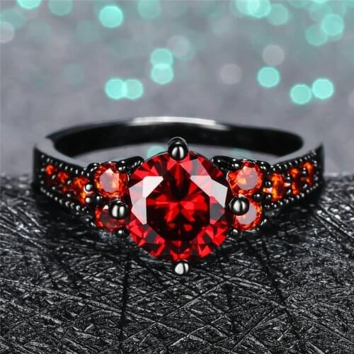 Vintage Female Red Crystal Ruby Ring Classic 14KT Black Gold Wedding Bands Jewelry Punk Bride Round Engagement Rings For Women
