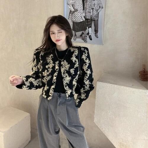 French Jacket Womens Retro Hong Kong Style Korean loose black floral jacket