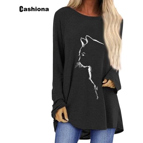 Cashiona Plus size Women Elegant Leisure Casual T-shirt Model Cat Print Round Neck Womens Top 2021 Summer Loose Tee shirt Femme