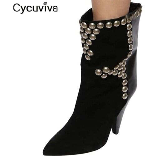 Desginer Studded Ankle Boots For Women Real Leather Womens Short Boots Spike High Heels T-show Shoes Woman Runway Long Boots