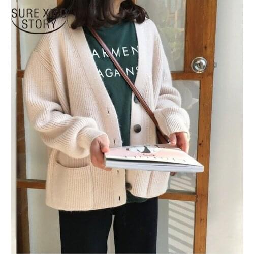 2020 Women Cardigans Sweater V-Neck Solid Loose Knitwear Single Breasted Casual Knit Cardigan Outwear Winter Jacket Coat 10866