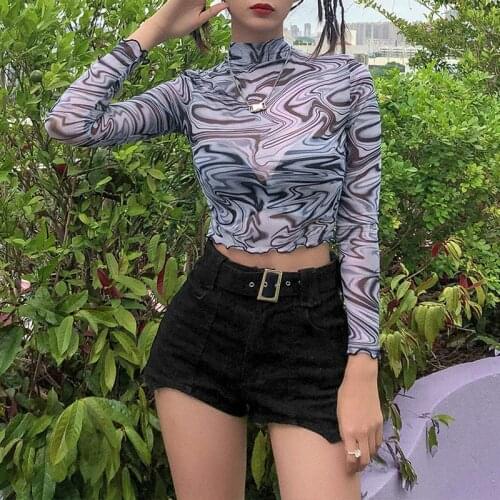 Autumn Womens High-necked Tops Micro-perspective Long-sleeved Lotus Lace Pullover Ladies Fashion Sexy Short T-shirt