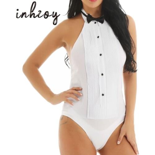 Womens Wing Collar Halter Button-Down Tuxedo Shirt Backless Bodysuit with Bow Tie