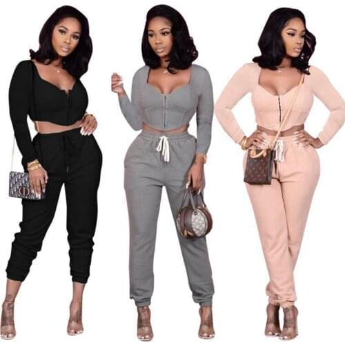 2020 Autumn Winter Women Casual Two Piece Track Suits Long Sleeve Zipper Crop Top & Drawstring Jogger Pants Set Outdoor Sports