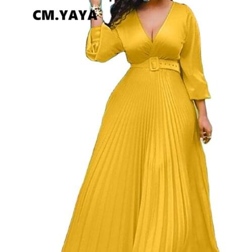 CM.YAYA Women Dress Full Sleeve V-neck Long Maxi Pleated Dresses Sexy Fashion Vestidos Summer Party Club Bandage bodycon