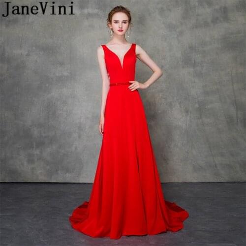JaneVini Elegant Deep V-Neck Evening Gowns Long Red Beaded Waist Godmother Gown Mermaid Mother Of The Bride Dresses For Weddings