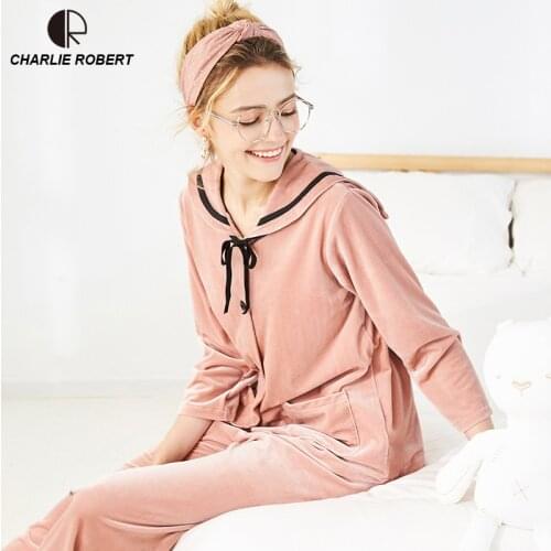 Gold Velvet Winter Women Pajama Sets Female Flannel V Neck Solid Casual Loose Home Clothes Winter Warm Suit Two Piece Lingerie