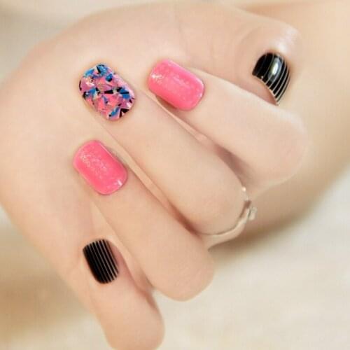 10Kits Cute Mixed Corlor False Nail Hot Pink Short Nail Art Black stripe Finished Nail Full Cover Manicure Products N217