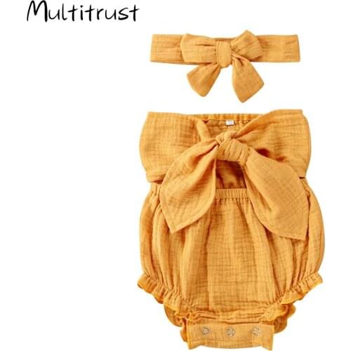 0-24M Newborn Infant Baby Girls Bodysuits Headband 2pcs Solid Bowknot Sleeveless Jumpsuits Outfits 4 Colors