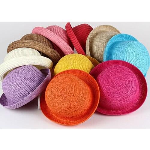 Wholesale Baby Straw Hat Solid Color Kids Character Decoration Infant Sun Hats Girl Boys Bucket Cap Children Beach Panama Caps