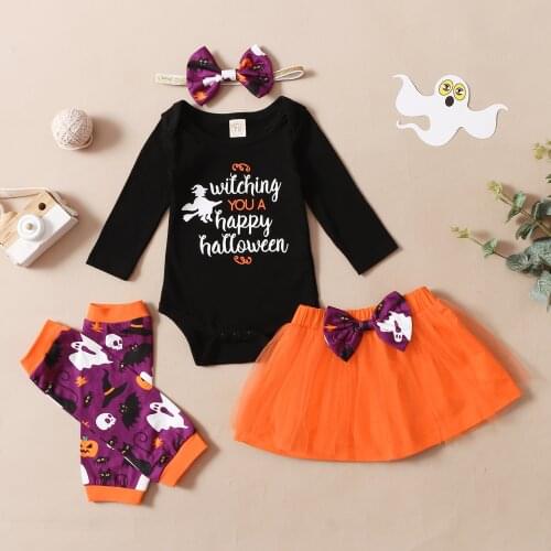 FOCUSNORM 4pcs Baby Girls Halloween Clothes Sets 0-12M Letter Printed Romper Tops Lace Skirts Leg Warm Headband