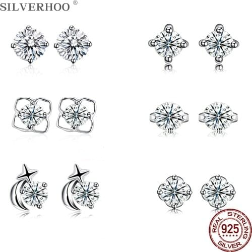 SILVERHOO 925 Sterling Silver Earrings For Women Shining Round Cubic Zirconia CZ Simple Stud Earring Hot Sale Fine Jewelry