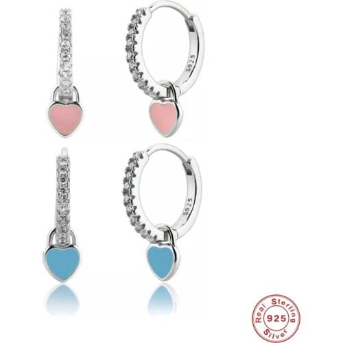 GS 925 Sterling Silver Pink Blue Heart Enamel Piercing Pendiente Drop Earrings 2021 Trend Zircon CZ Crystal Circle Fine Jewel