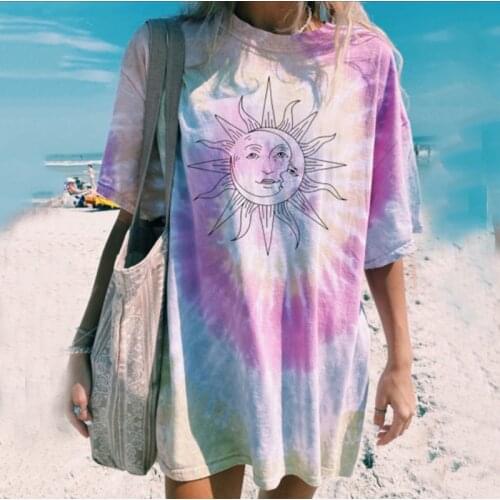 Harajuku Tie Dey Oversized T Shirts Women 2021 Casual Loose Tee Shirt Femme Sun Moon Print Short Sleeve Tops Gradient T-shirts