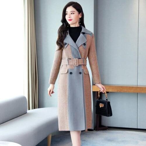 Classic coat woolen coats female New fashion Double-breasted splice Ladies cashmere coats Autumn Winter popular long coat women