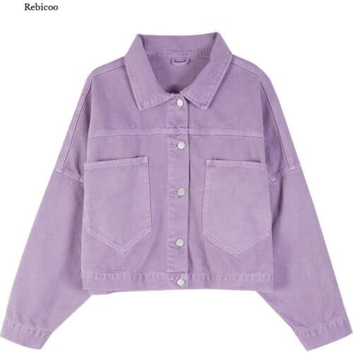 Spring Autumn Womens Denim Jacket Purple Loose Short Korean Fashion Casual Cropped Coat Harajuku Retro Streetwear Top New