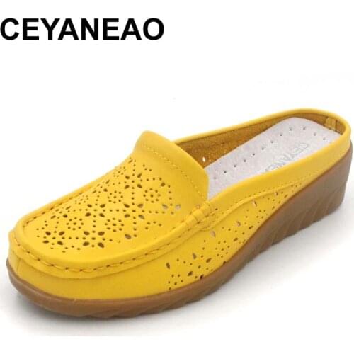 CEYANEAO Women Slipper Loafers Shoes Cow Leather Breathable Cool Pointed Toe wedge Female Footwear Casual Women Flats Shoes