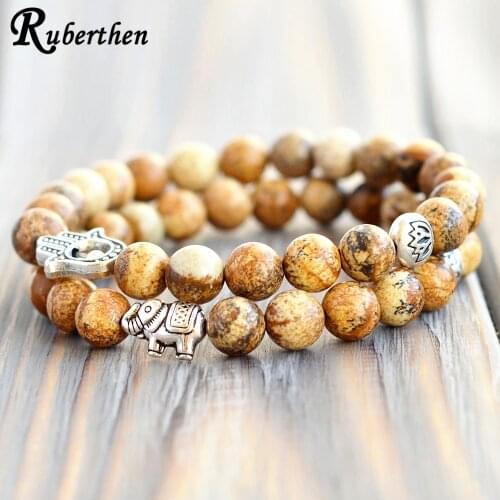 Ruberthen 6 mm Picture Jaspers Women`s Bracelet Set Hot Sale Hamsa Lotus Bracelet Spiritual Balance Elephant Charm Bracelet