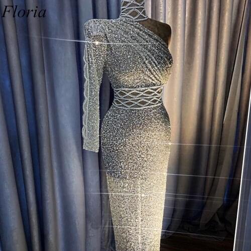 New Muslim One Shoulder Prom Dresses Long Kaftan Couture Dubai Evening Dress 2019 Sparkly Celebrity Dress Women Party Gowns