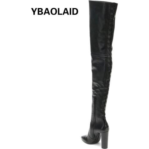 Autumn and Winter New Pointed Side Zipper Over-the-knee Boots with Lace-up Trimming Skinny Boots Super High-heeled Knight Boots